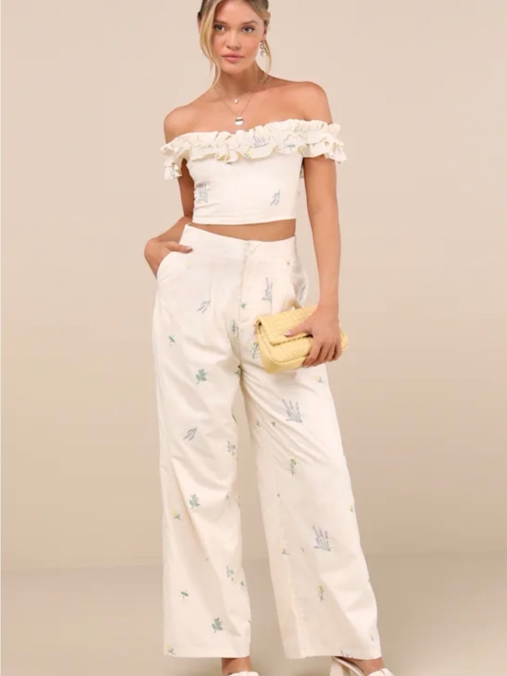 Lulus Rowena Cream Embroidered Ruffled Crop Top